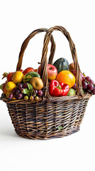Farmers market. Straw basket full of fresh produce - fruits, vegetables. White background and autumn leaves. Vertical baner, tiktok or instagram story