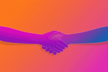 two people shaking hands on an orange and purple background