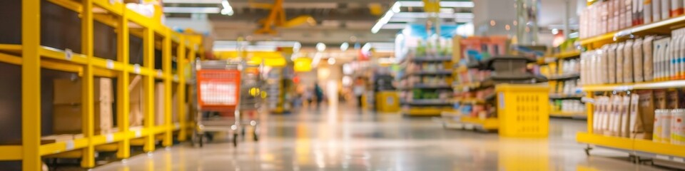 Fototapeta premium Modern Shopping Mall Interior with Blurred Background, Featuring Yellow Shelves and Shopping Carts, Open Space Focus on Discounts, AI-Generated Design