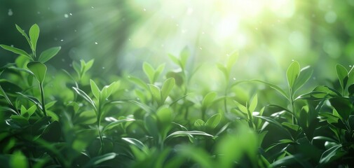 Sunlight filtering through small green plants in lush forest, futuristic, manipulation 