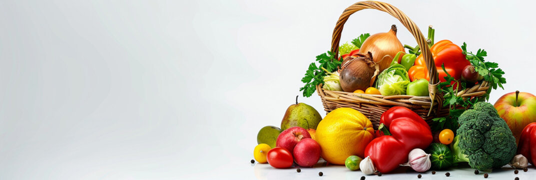 Farmers market. Straw basket full of fresh produce - fruits, vegetables. White background and autumn leaves. Long horizontal banner