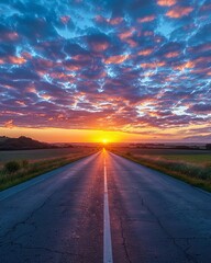 Beautiful sky with sunrise on countryside asphalt highway road Gives a feeling of hope and encouragement Realistic images captured with a professional camera High resolution