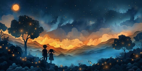 papercraft style illustration artwork, boy and girl in forest at night time with copy space