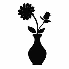 Flower in vase black silhouette vector, sketch,  isolated white background (12)