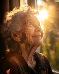Close-up of elderly person smiling with backlight and high contrast