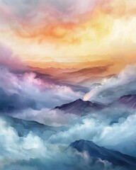 Naklejka premium Watercolor sunrise over volcanic landscape, vibrant, blend mode, smoking crater backdrop