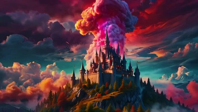 whimsical wonderland filled with floating islands adorned with floating color smoke and glitter ink swirls, creating a fantastical and enchanting world, 4K Ultra HD Wallpaper animation video