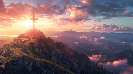 A cross atop a mountain with a beautiful sky and clouds, with a sunrise background,