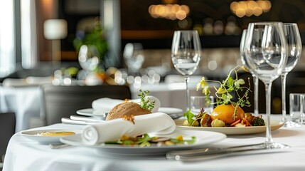 Fototapeta premium Visually Striking Gourmet Dishes Showcased on Luxury Dining Table with Elegant Presentation