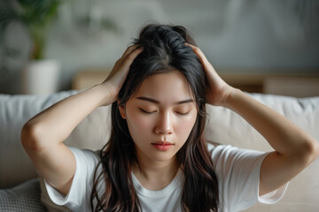 Fototapeta premium Young woman is giving herself a relaxing head massage at home, promoting hair growth with essential oils