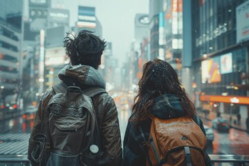 Obraz premium Young Travelers in Urban Winter Wonderland, Backpacks and Snowflakes in Bustling Cityscape
