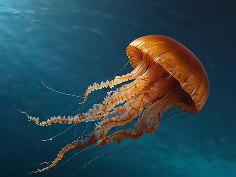 a jellyfish in the clear blue sea, in the style of light orange and dark maroon, energetic, creative commons attribution, quadratura, suspend edhanging, light orange and sky-blue