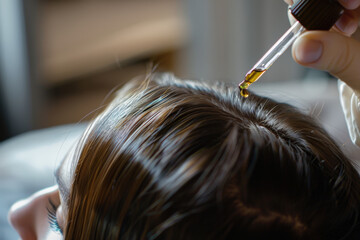 Beautician is applying a hair revitalizing serum on the scalp of a young woman for hair growth and care