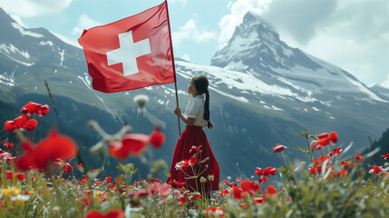 Girl with the flag of Switzerland against the background of beautiful mountains