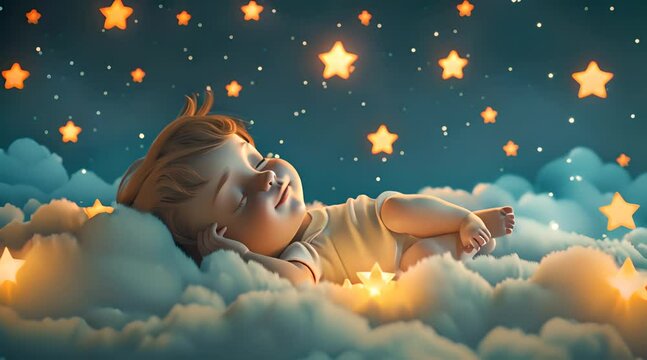 The baby is sleeping quietly with his eyes closed on a soft cloud with twinkling stars in the background