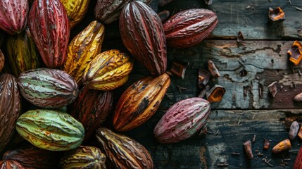 Fototapeta premium Assortment of Mature Cacao Pods with Rich Cocoa Hues and Organic on Distressed Wooden Table