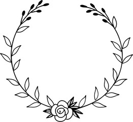 Delicate wreath with a rose and leaves, ideal for elegant invitations and decorative projects.