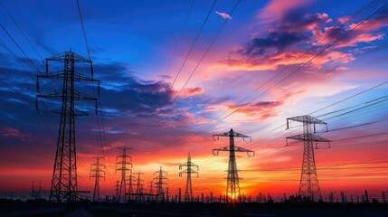 Dramatic Sunset Skies Over Silhouetted Electricity Pylons and Renewable Power Transmission Infrastructure