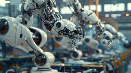 Fototapeta premium Harmonious Robotic Choreography Precision Manufacturing in a Futuristic Techno Bauhaus Workshop