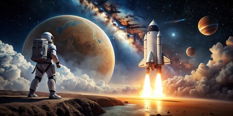 Astronaut Witnessing Rocket Launch on Alien Planet, Digital Art, Space, Rocket Launch, Astronaut  , alien planet , space exploration , digital painting