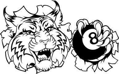 A wildcat bobcat lynx angry mean pool billiards mascot cartoon character holding a black 8 ball.