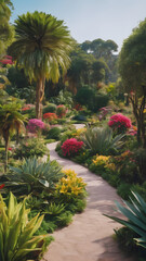 Fototapeta premium A botanical garden with a variety of exotic plants, flowers in bloom, and beautifully landscaped paths.