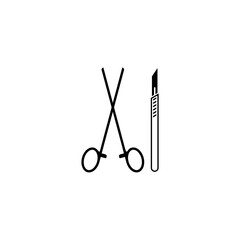 Surgical Instrument logo. Medical scalpel and clamp icon isolated on white background