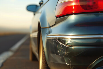 Fototapeta premium Closeup of a dented car bumper with cracked paintwork, parked on the side of the road after a collision