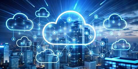 Cloud Computing Network over Cityscape, cloud computing, network security, data center, digital transformation,