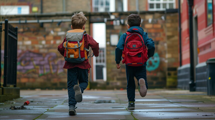 Two boys running in a schoolyard in Northeast England, heading towards the door with their backpacks on.