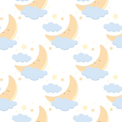 Children s cute pattern with a small sleeping crescent moon in the clouds. Childrens cute background for wallpaper, paper, fabric