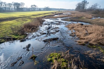 Naklejka premium A Serene River Winding Through a Winter Landscape