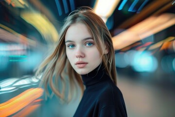 A woman with long blonde hair and blue eyes stands in front of a background of blurred city lights