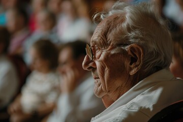 Obraz premium An elderly man wearing glasses sits amidst a blurred crowd, his gaze fixed on a point beyond the frame