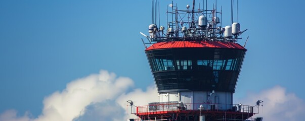 Close-up of Airport Surveillance Radar with Control Tower in Background.