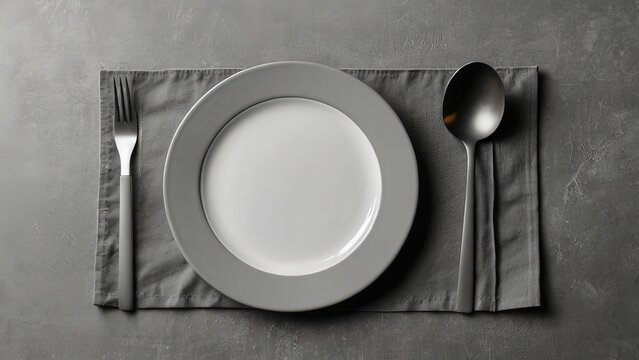 Dinner place setting. A white plate with silver fork and spoon isolated 

