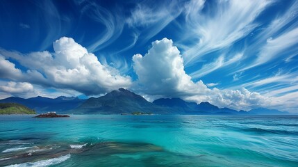 Naklejka premium Capture the essence of surrealism with dreamscapes showcasing swirling clouds, floating islands, and landscapes that defy conventional boundaries. Clean and Clear Color, Realistic Photo, , Minimalism,