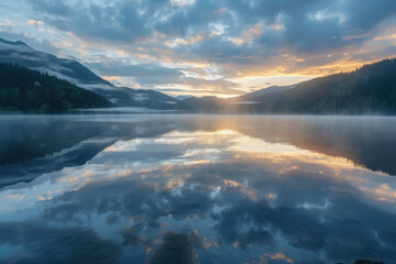 Obraz premium Serene Sunrise Over Misty Mountain Lake with Reflections 