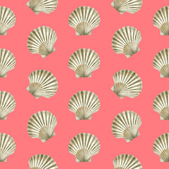 Seamless pattern of watercolor Seashells. Hand drawn illustration of sea Shell on coral background. Ocean Cockleshell marine underwater. Colorful drawing Scallop. For print decoration, fabric wrapp