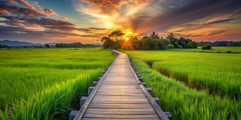 Golden Hour Path Through Rice Fields, Landscape Photography, Sunset, Nature, Scenery , golden hour , rice field , path , sunset