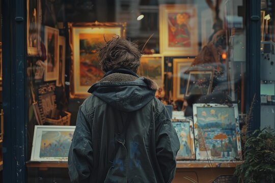 Man Admiring Art in a Gallery Window Display on a Cozy Street