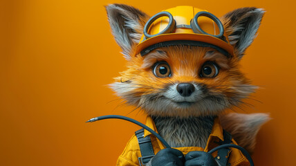 Cute Fox Worker in Hard Hat, 3D Render, Adorable Cartoon Character