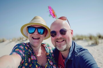 A couple takes a selfie on a sunny beach. The woman wears a hat and sunglasses, while the man has a colorful decoration in his hair
