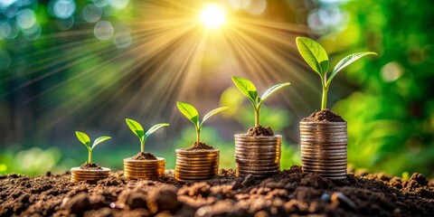 Growing Investments Saplings Thriving on Stacked Coins in Sunny Garden, investment, growth, money, nature, financial, wealth, success, future
