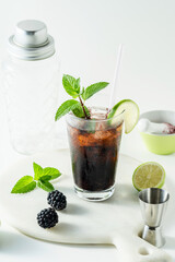 refreshing summer cocktail with blackberry, martini and prosecco with a slice of lime and fresh mint