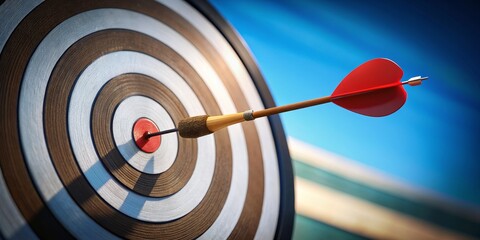 Heart-Shaped Dart Hitting the Bullseye on a Wooden Target, 3D Render, Target, Bullseye, Achievement, Success