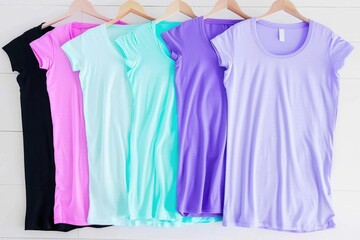 Six different colored t-shirts hang on hangers against a white wall. The shirts are black, pink, turquoise, light blue, purple, and lavender