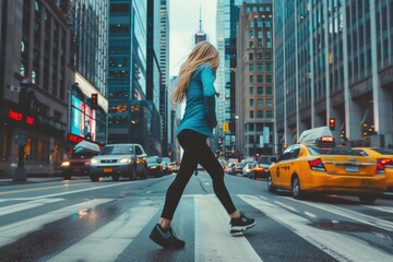 A woman walks across a city street, crossing the crosswalk while a taxi passes by