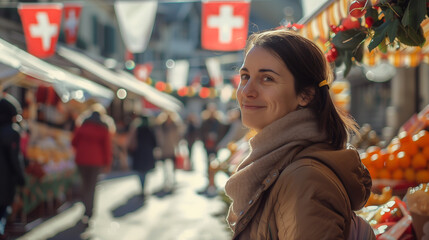 The street in Switzerland is decorated with the flag of the Swiss National Day