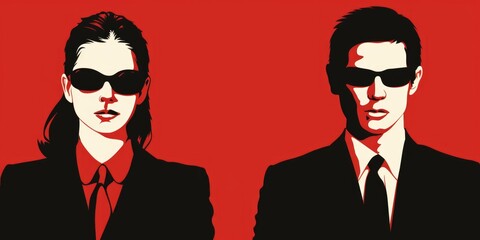 A man and woman in sharp suits and sunglasses stand in silhouette against a stark red background, creating a sense of mystery and intrigue